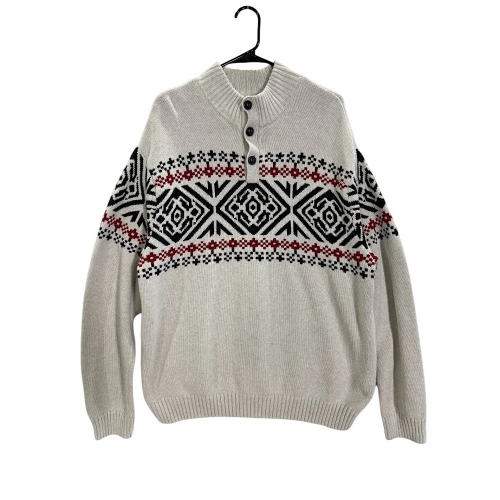 Chaps Sweater Mens 2XL Ivory Fair‎ Isle Nordic Button Neck Cotton Ski